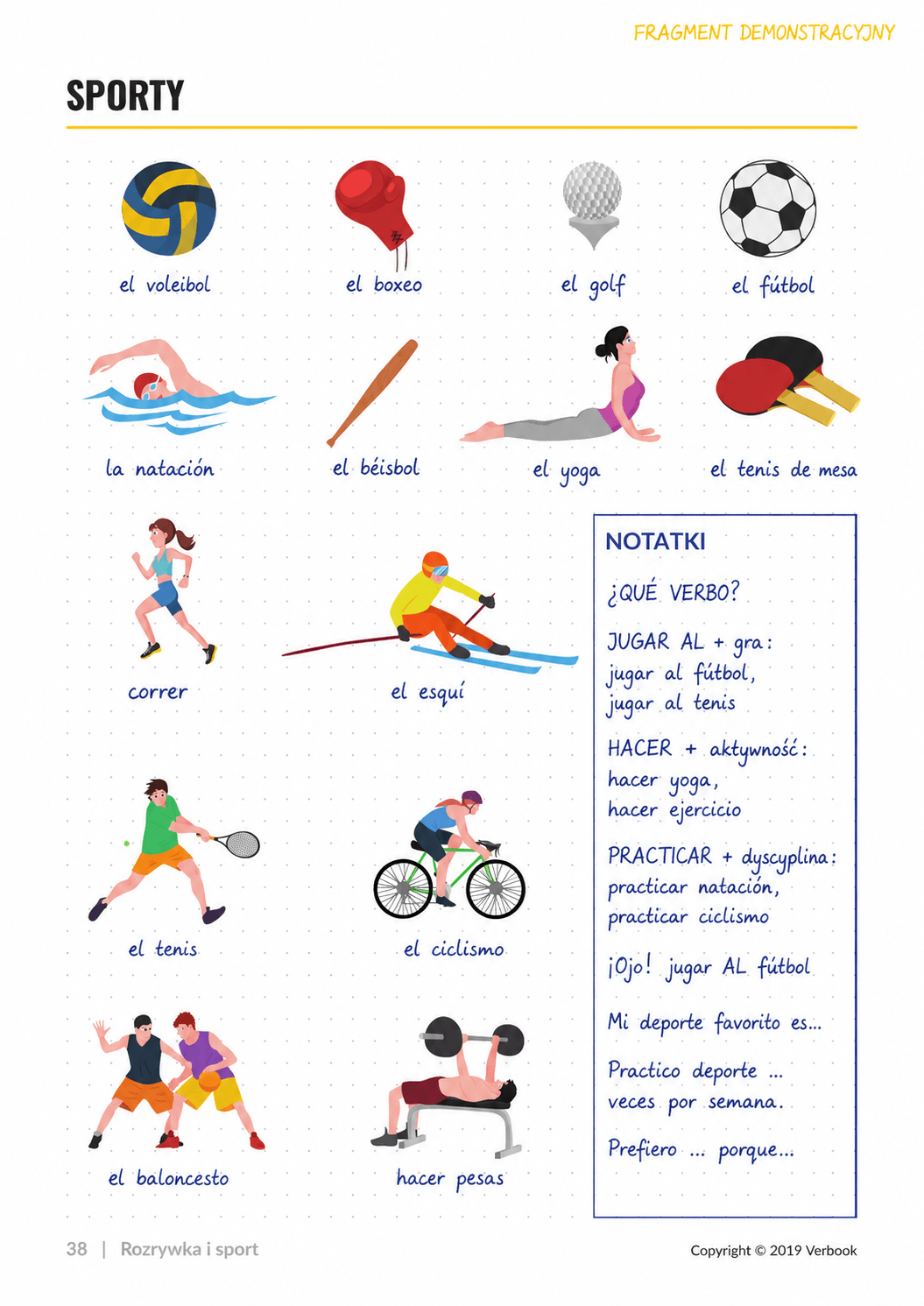 Oryginalna strona 38 Verbooka z nazwami sportów po hiszpańsku i odręcznymi notatkami jugar al, hacer oraz practicar
