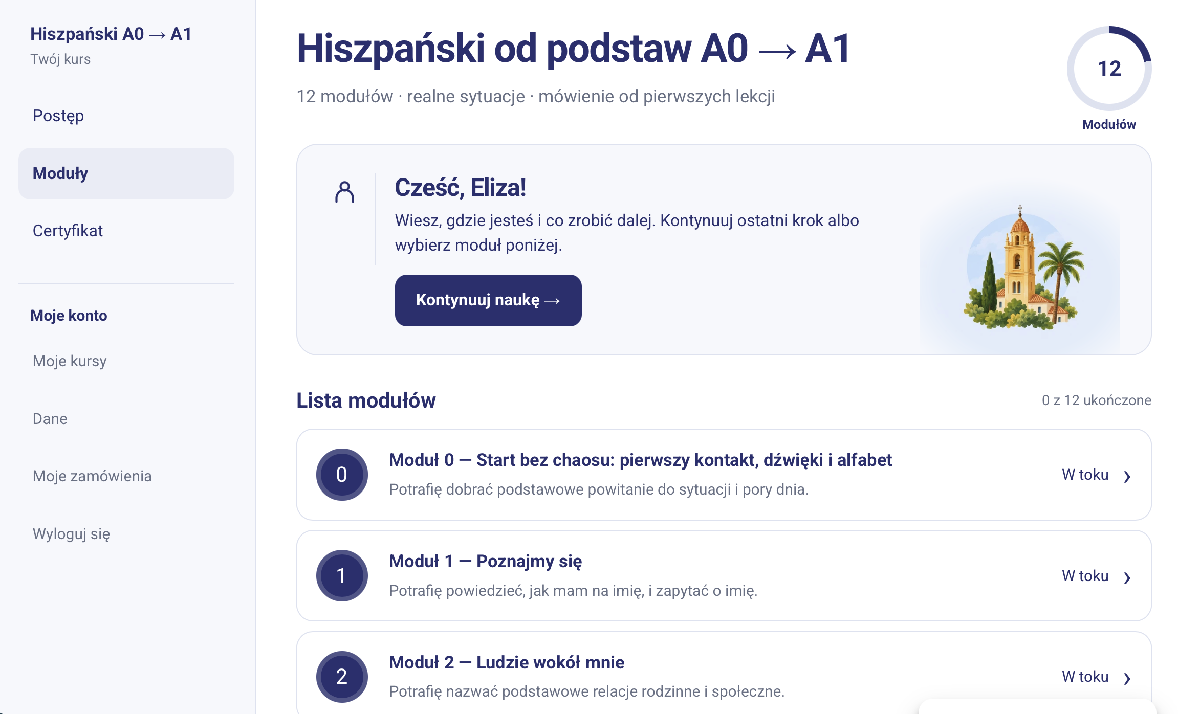 Panel kursu Hiszpański od podstaw A0 do A1 z listą modułów i postępem nauki