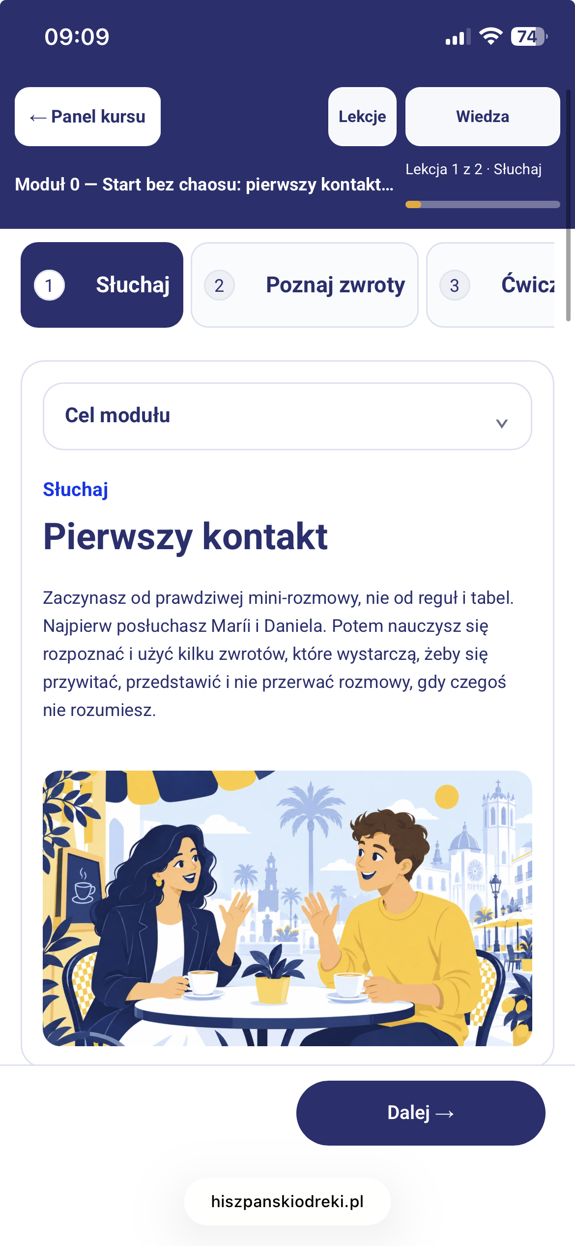 Rzeczywisty widok lekcji kursu A0 do A1 na telefonie